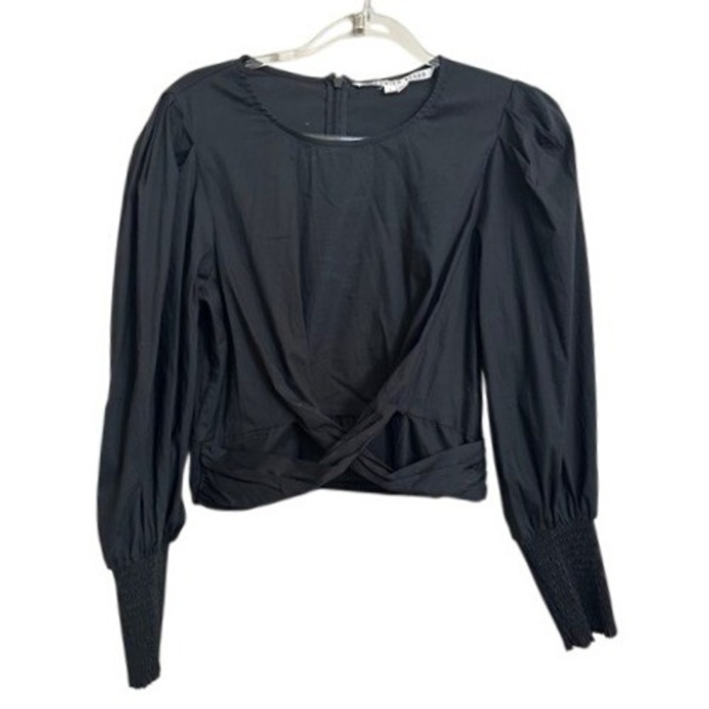 Veronica Beard Nyla Twist Front Crop Blouse Black Smocked Cuff Top 6